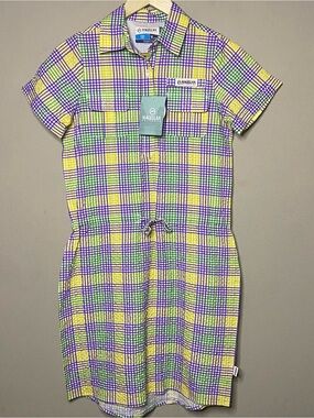 Magellan Outdoors Mardi Gras Fish Gear Dress XS Purple Gold Plaid Vented New